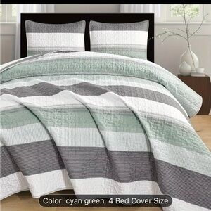 Striped Cyan Green and Gray Quilted Bed Cover Set by